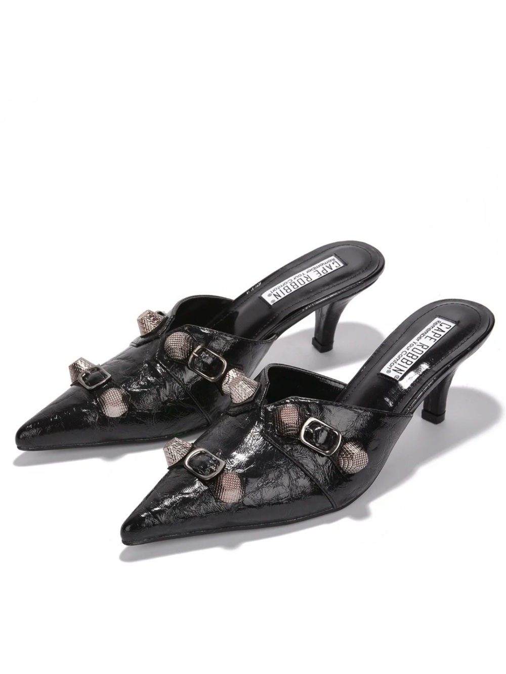 NWT Cape Robbin Vivianly Studded Metallic Pointed Toe Barely There Heels - Black